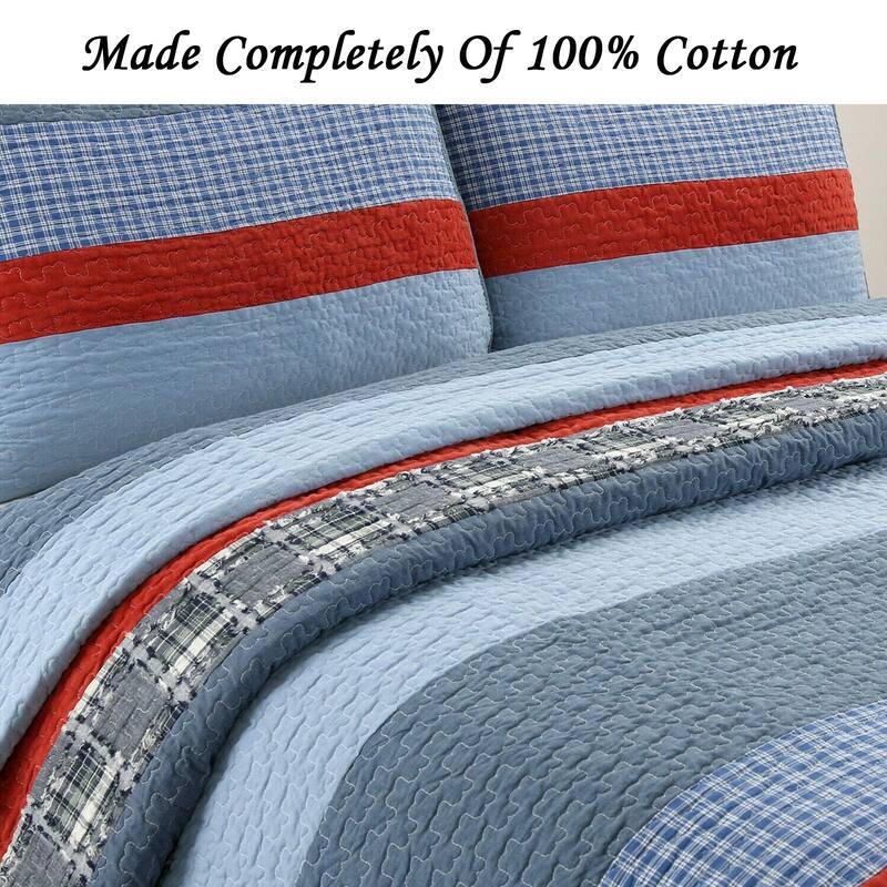 Cozy Line Varsity Navy Red Stripe Denim Cotton Quilt Bedding Set