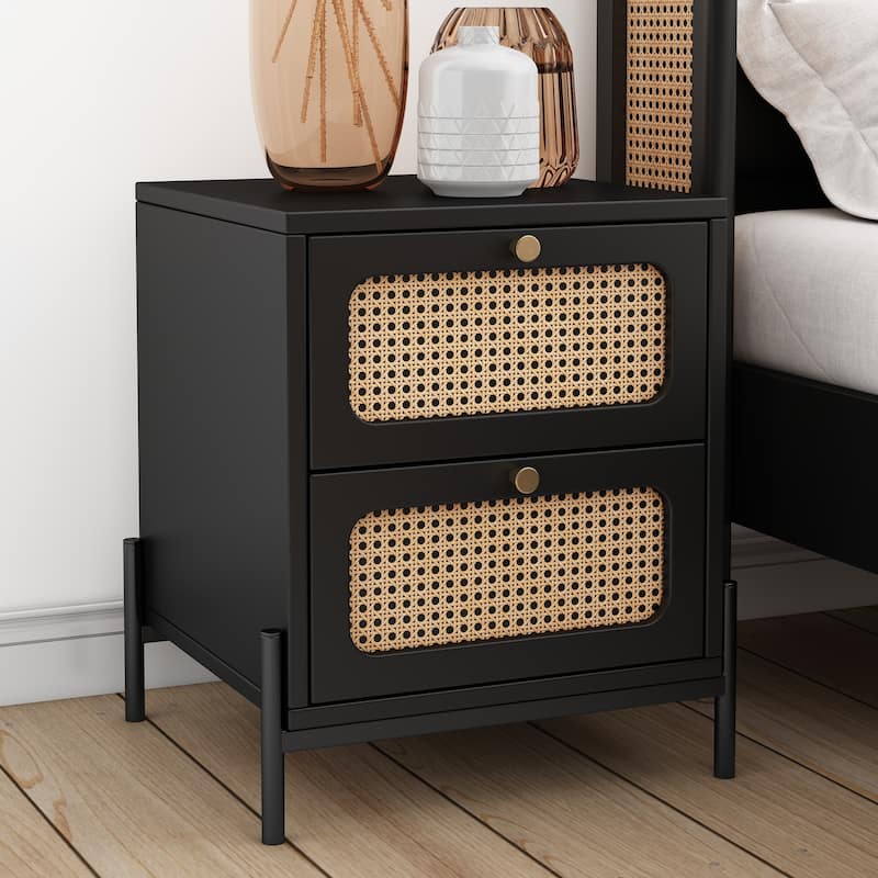 Modern Cannage Rattan Wood Closet 2-Drawer Side Table End Table Nightstand