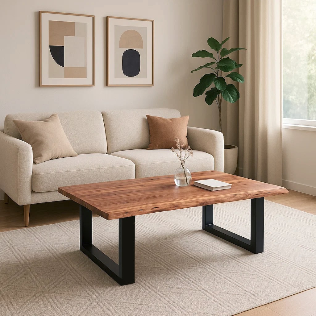 45 Inch Acacia Wood Rectangular Coffee Table, Live Edge Details, Black Powder Coated Metal Sled Base, Natural Brown