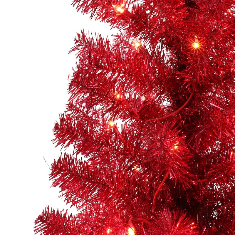 4.5' Pre-lit Red Tinsel Slim Artificial Christmas Tree, Clear Lights - 4.5 Foot