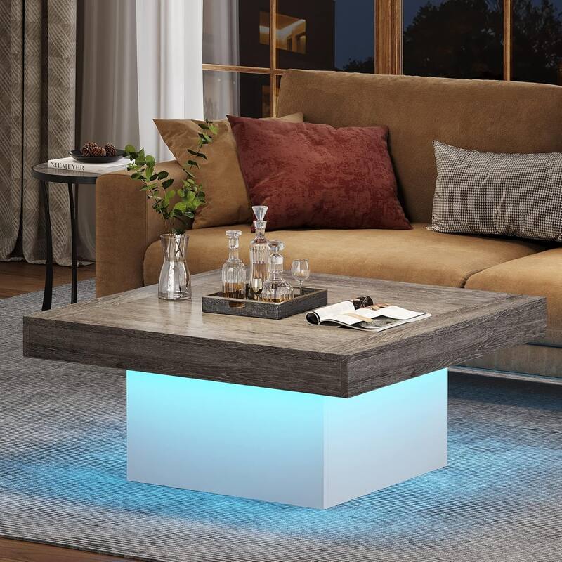 Modern Square LED Coffee Table, Low Center Table with Built-In Light for Living Room - Grey+White