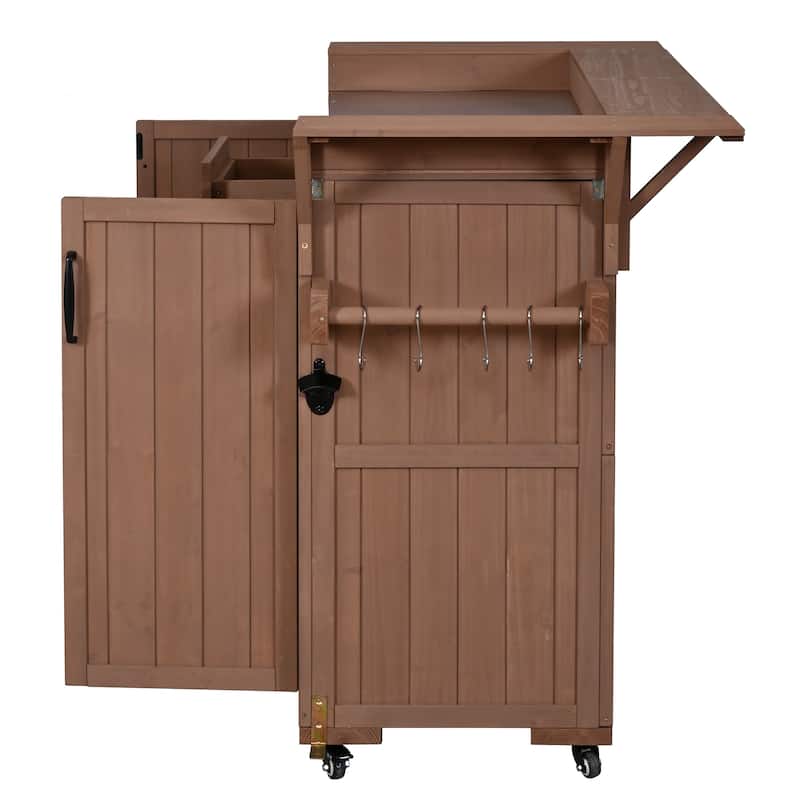 60.2"W Rolling Outdoor Kitchen Island with Wheels and Stainless Steel Top, Wood Grill Cart with Spice Rack&Wine Rack