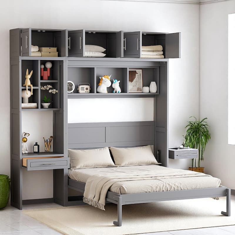 Foldable Queen Murphy Bed with Desk, Top Cabinet, Bookshelves - Space-Saving Wall Bed Design