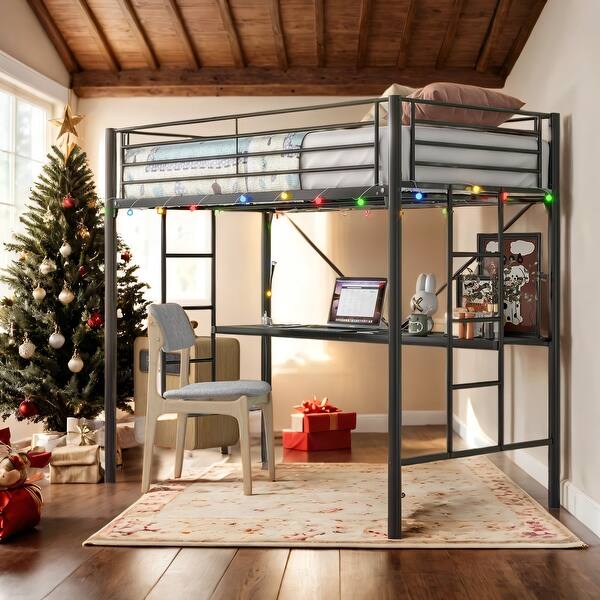 slide 2 of 16, Kid Bed Frame Twin Metal Loft Bed with Desk,Power Outlet and LED Lighted Black