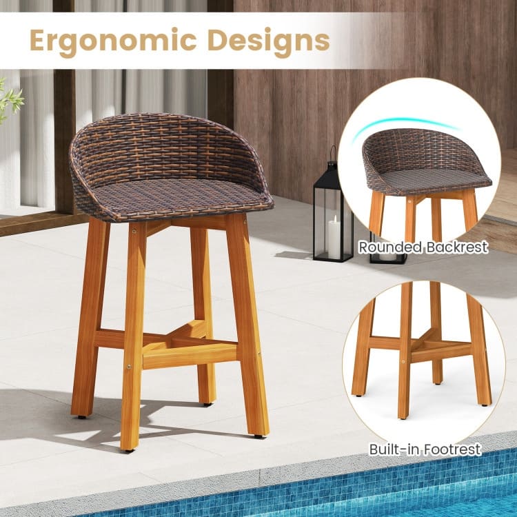 Acacia Wood and Rattan Patio Bar Stools Set of 2 with Backrest and Armrests - 21" x 19" x 32.5" (L x W x H)