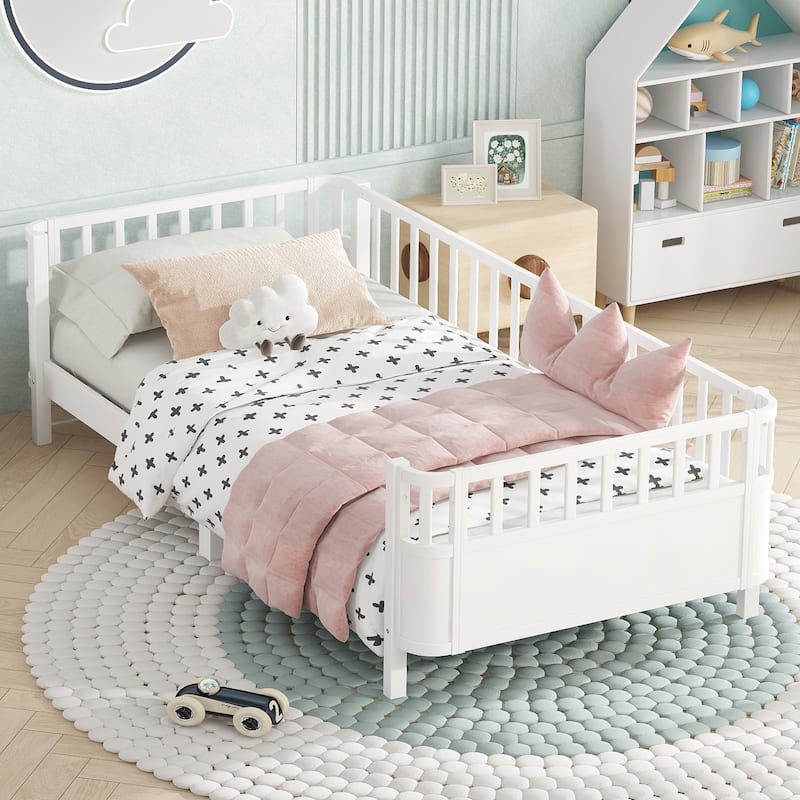 Multi Size Low Platform Bed for Kids with Rounded Corners Guardrails, Detachable Right-side Fence and Open Left-side Design - White - Twin XL