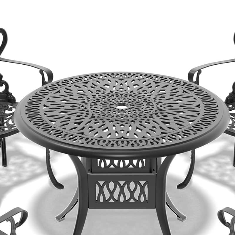 35.43 inch Black Round Cast Aluminum Patio Table with Umbrella Hole & Retro Design