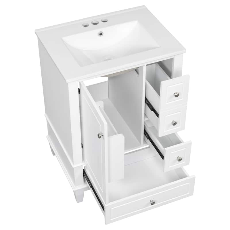 24" Bathroom Vanity With Sink And Drawers, Freestanding Vanity Cabinet With Ceramic Top And Storage Shelves, Modern Sink Cabinet