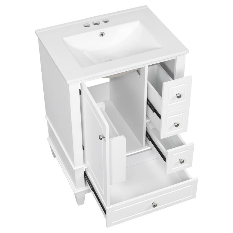 24" Freestanding Bathroom Vanity with Sink - Ceramic Top, Drawers & Shelves, MDF & Solid Wood Base, for Small Bathrooms