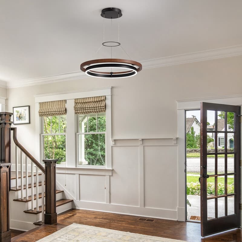 23.6 in. Modern Farmhouse Chandelier 2-Tier Round Ring Walnut LED Wooden Pendant Light for Kitchen Island