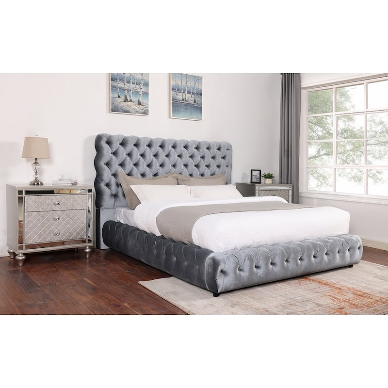 Mirilla Gray Velvet Upholstered Tufted Platform Bed