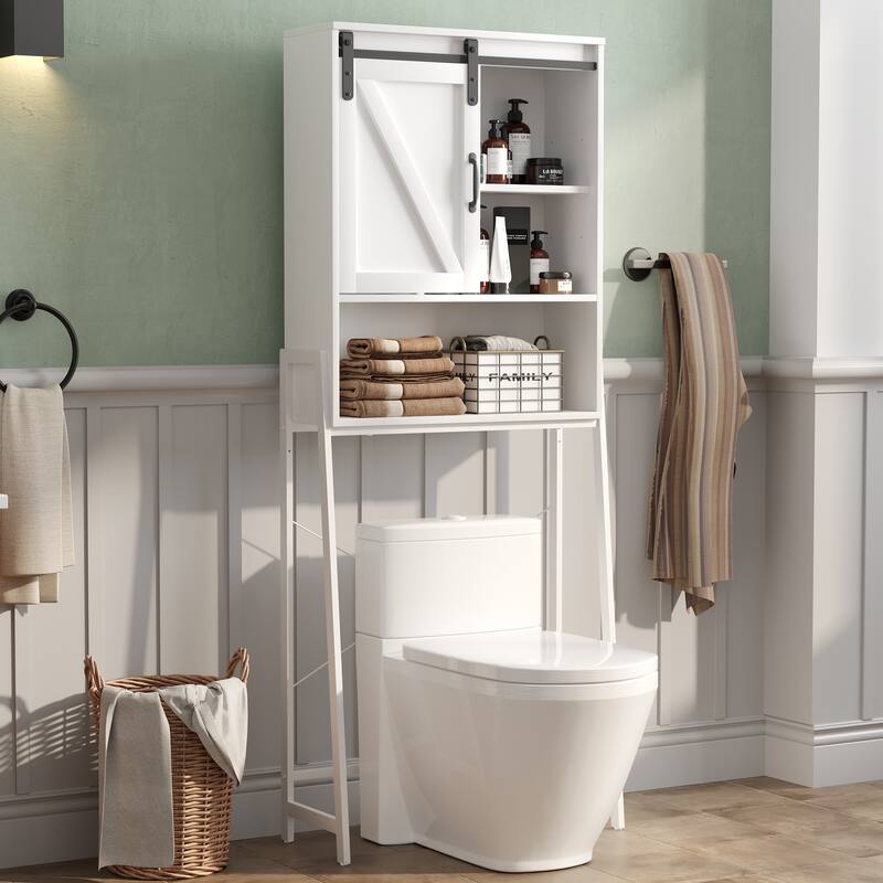 Over The Toilet Storage Cabinet, Bathroom Organizer with Sliding Barn Door & Adjustable Shelves, Storage Rack - See Picture
