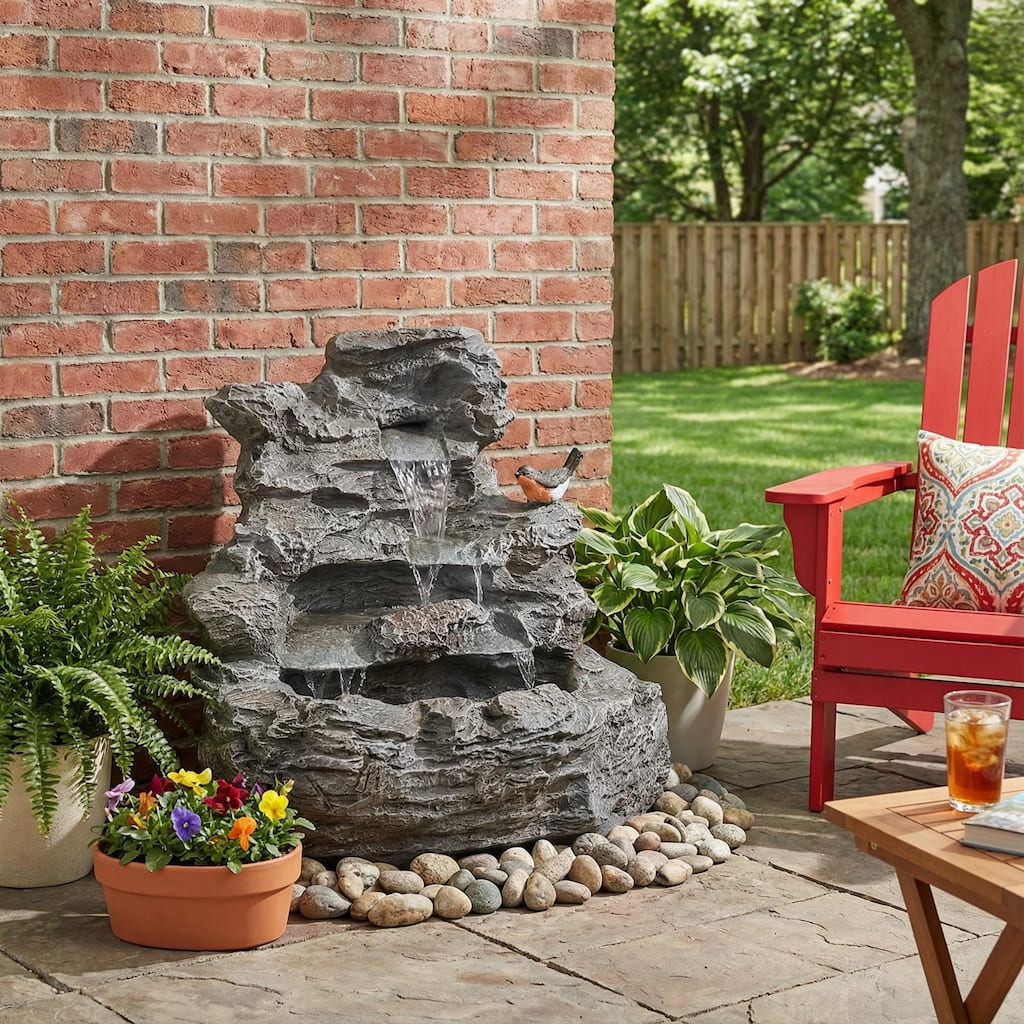 Christopher Knight Home - Hailey 4-Tiered Concrete Rock Waterfall Fountain Outdoor Garden Decor with LED Lights