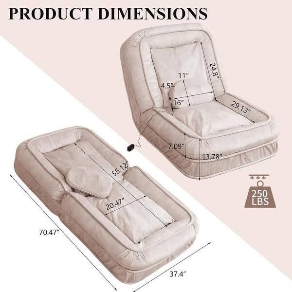 dimension image slide 1 of 2, 70" Adjustable Bean Bag Sofa Bed for Humans & Pets with Massage Pillow & 2 Soft Pillows , Velvet Waterproof Cover