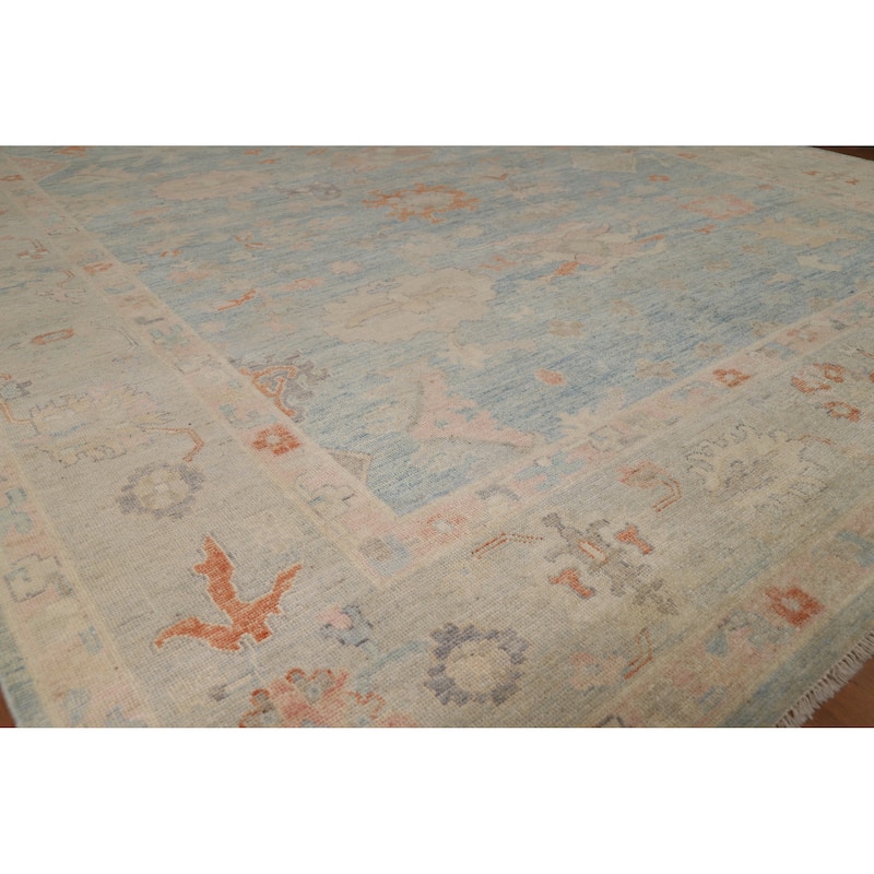 Light Blue Vegetable Dye Oushak Turkish Area Rug Handmade Wool Carpet - 8'9"x 11'8" - 8'9"x 11'8" - Blue
