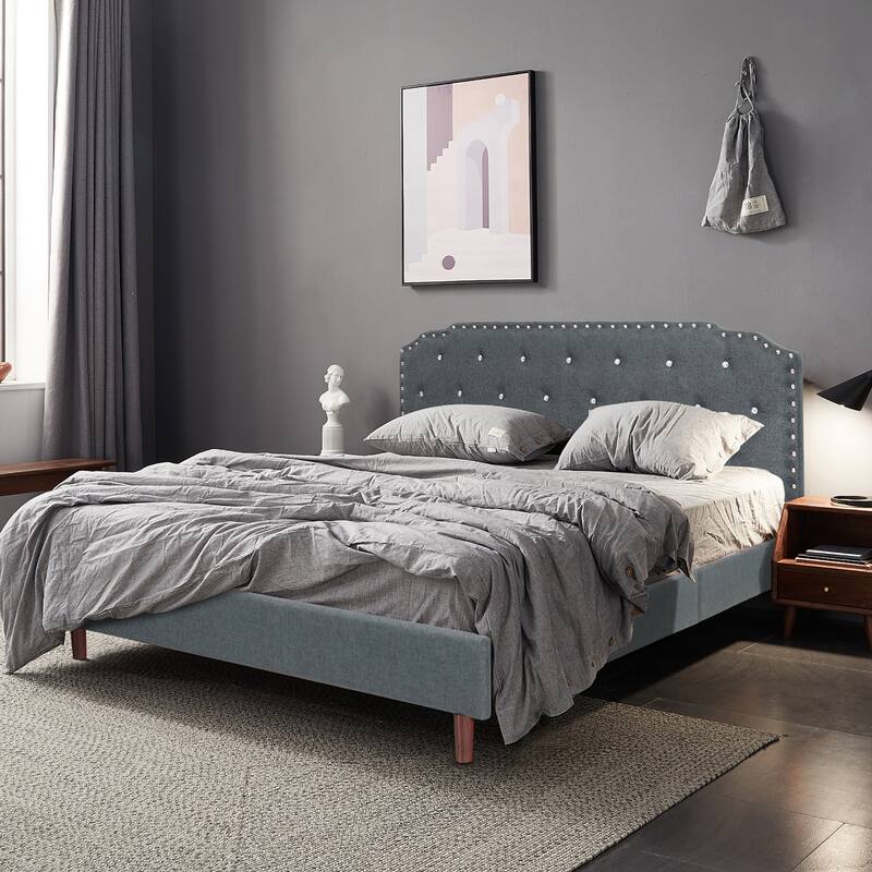Costway Upholstered Bed Frame Adjustable Diamond Button Headboard