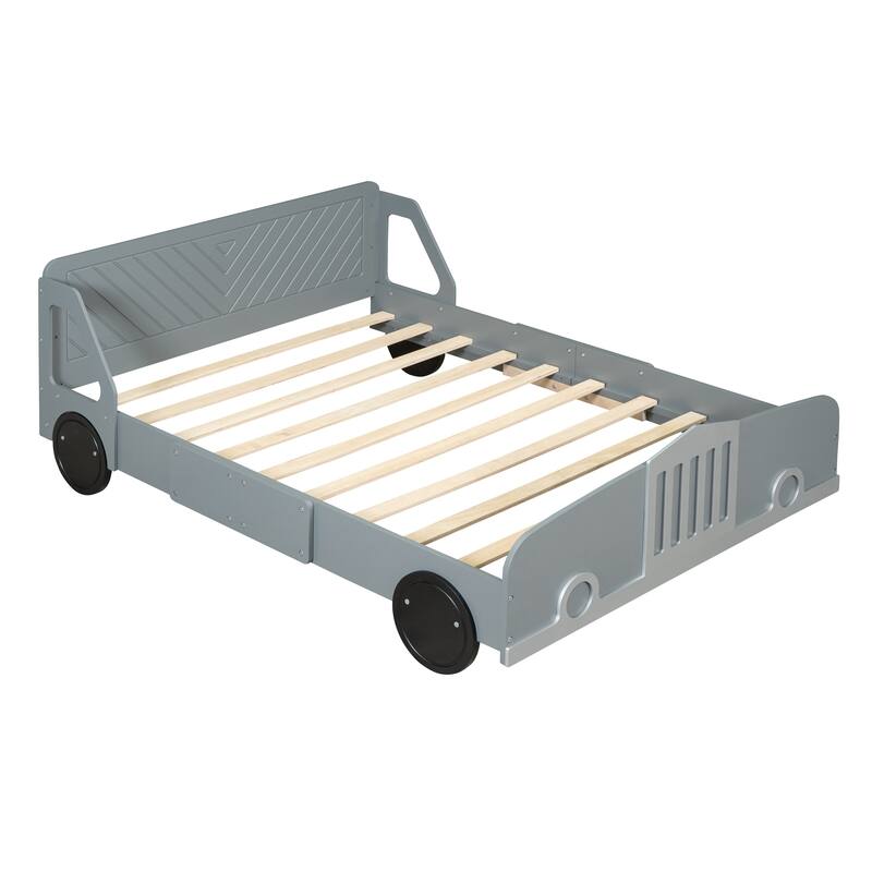 Full Size Car-Shaped Platform Bed with Wheels in Gray, Sturdy and Stylish Design