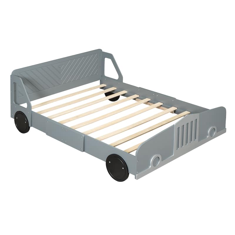 Full Wooden Car-Shaped Platform Bed with Wheel Support