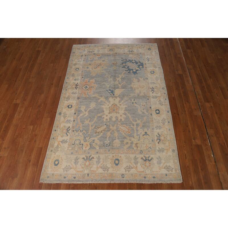 Vegetable Dye Oushak Turkish Rug Handmade Bedroom Grey Wool Carpet - 4'2"x 6'11"