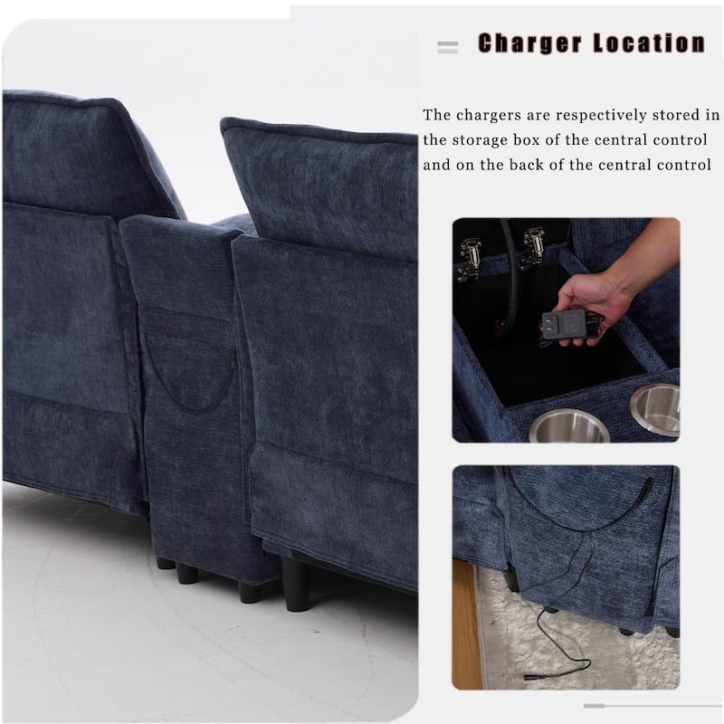 Modern Modular Sectional Sofa with Storage Console and Wireless Charging, Ottomans