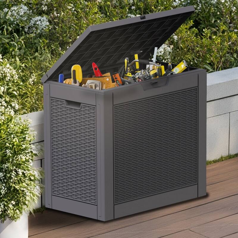 30 Gallon Outdoor Storage Box with Woodgrain or Rattan Effect /Durable, Weatherproof, UV Protected, Easy to Assemble - 30GAL