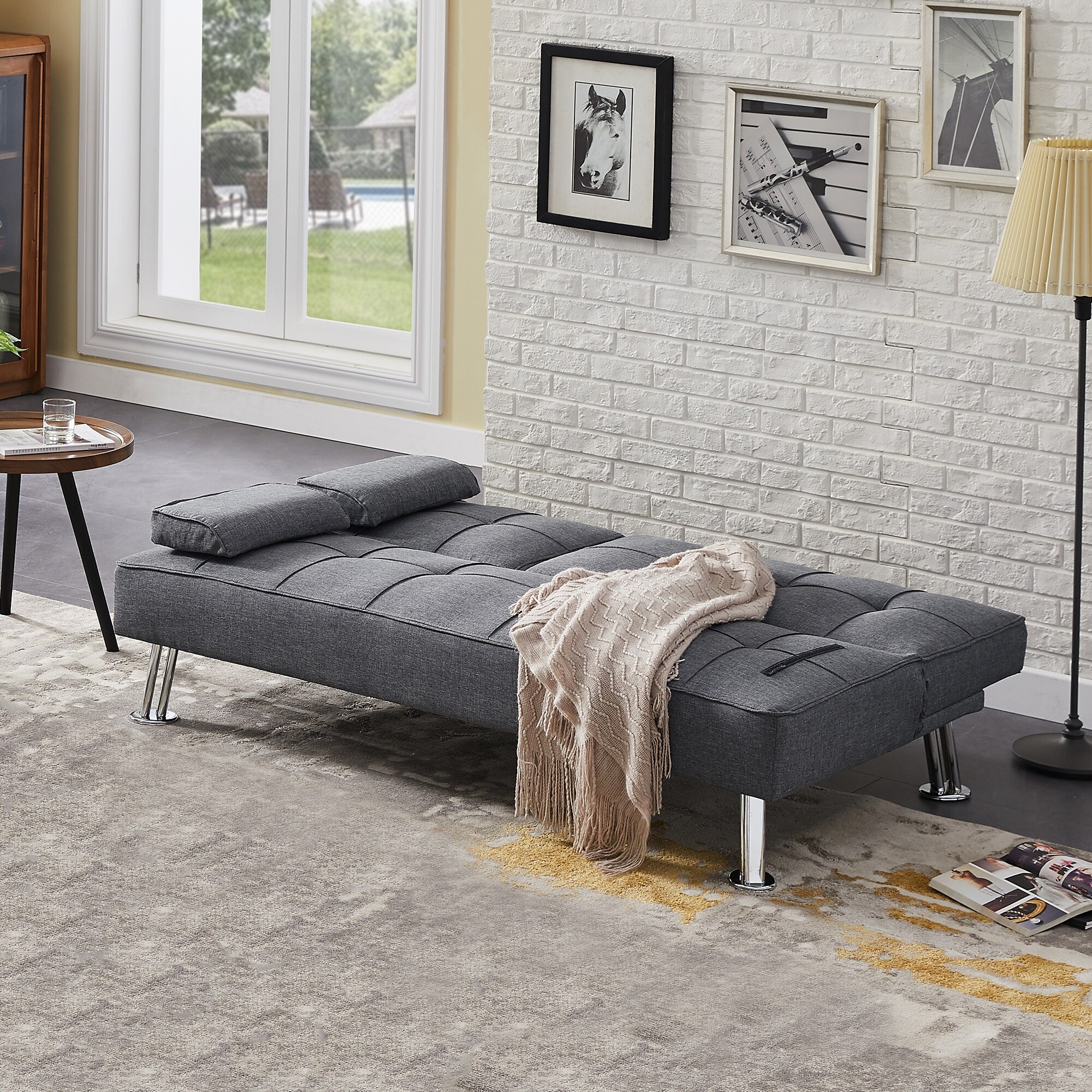 Grey futon with on sale cup holders