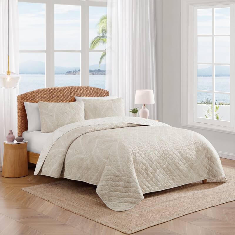 Tommy Bahama Pebble Palms Beige Cotton Reversible Quilt Set