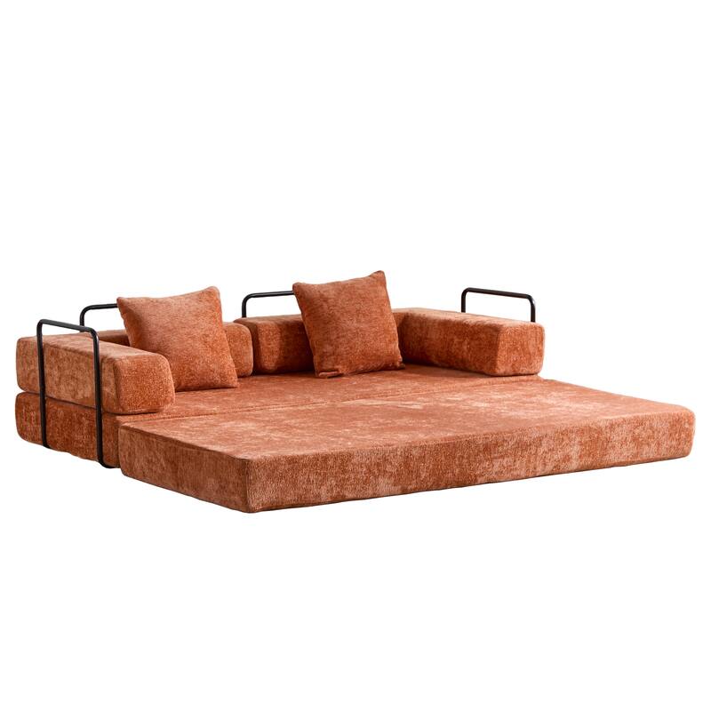 Convertible Floor Sofa Bed with Pillow, Orange Chenille, 77x37x24 inches