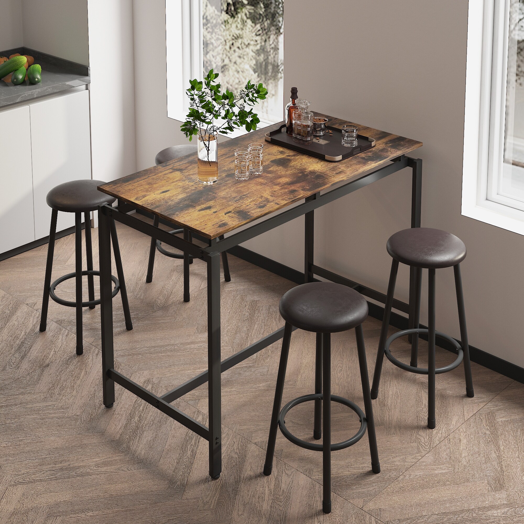 5 Piece Metal Dining Set Wood Grain Surface Dining Table and 4 Round Bar Stools for Compact Small Place Dining Room