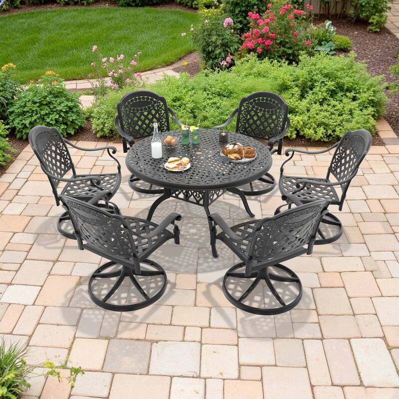7-Piece Aluminum Round Outdoor Patio Dining Set, 6 Cushioned Swivel Chairs, Table, All-Weather Frames
