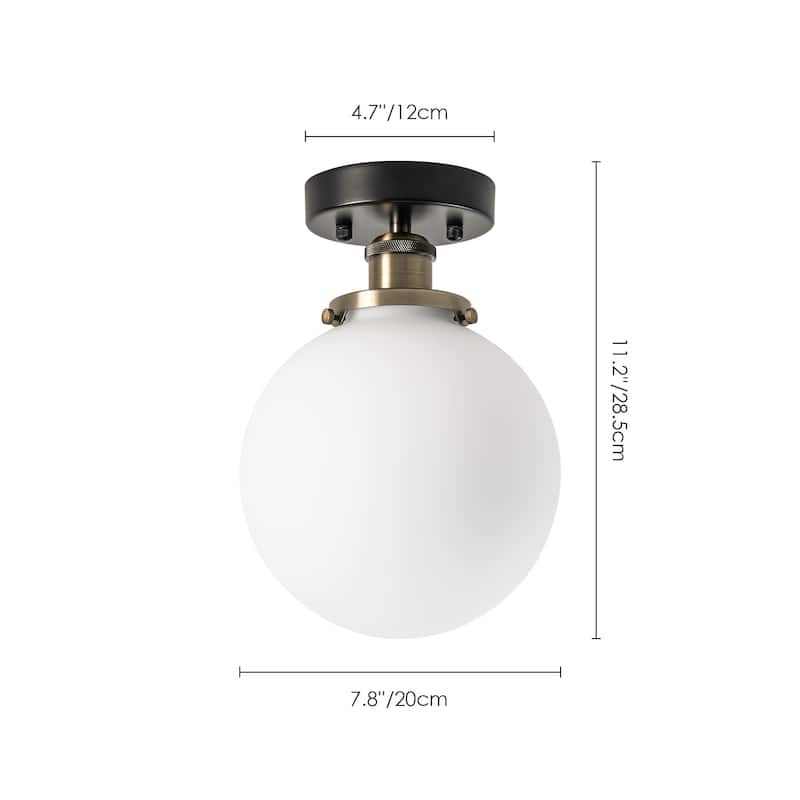 1-Light Vintage Modern Antique Brass and Black Glass Globe Bubble Semi-Flush Mount Light - 7.8 in. W x 11.2 in. H
