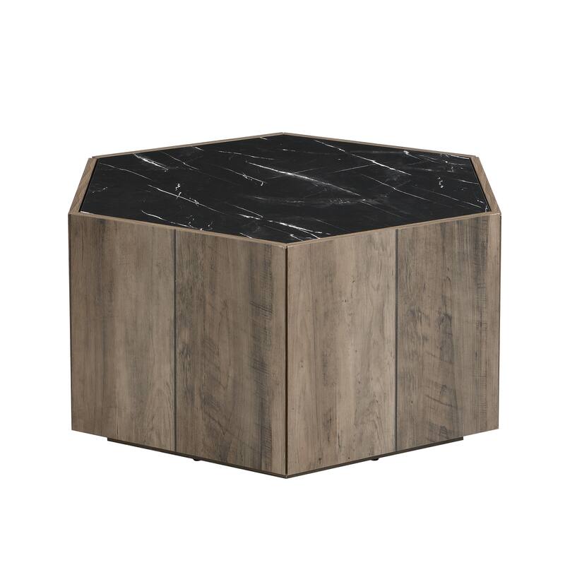 Hexagonal Rustic Retro Wood Coffee Table, with 2 Hidden Drawers, Textured White Marble Tops,Walunt Oak Finish - Perfect