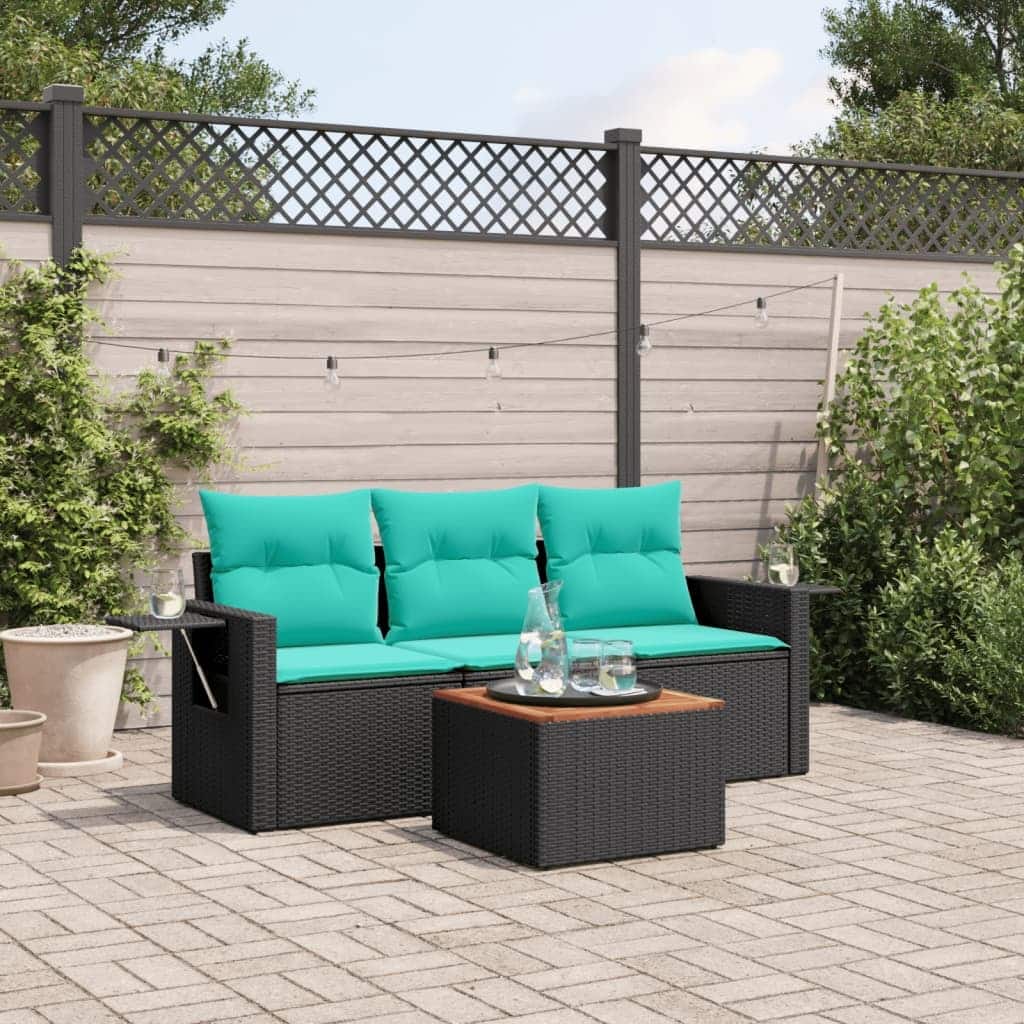 vidaXL 4 Piece Patio Sofa Set with Cushions Black Poly Rattan - 21.7 x 24.4 x 27.2