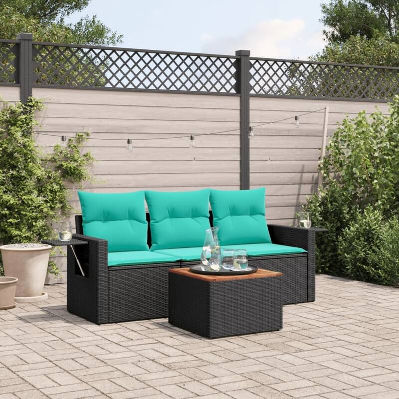 vidaXL 4 Piece Patio Sofa Set with Cushions Black Poly Rattan - 21.7 x 24.4 x 27.2