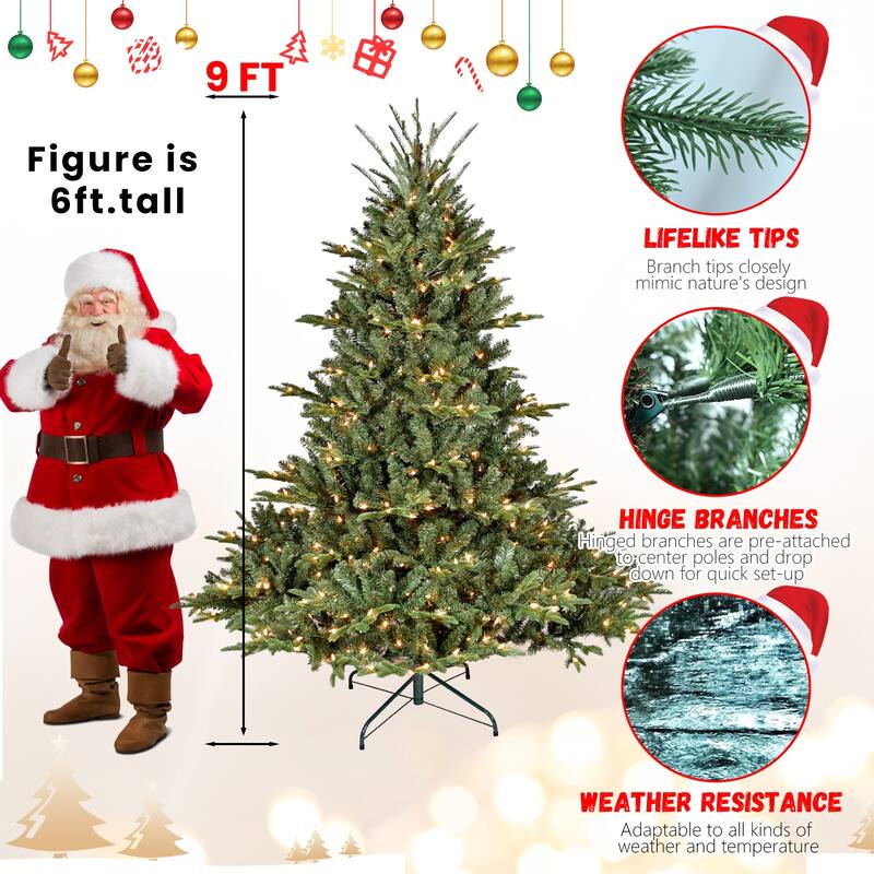 Full-Shape Pre-Lit Christmas Tree - PE/PVC Mixed Branches, Wide Base, Hinged Structure, Metal Stand - Green