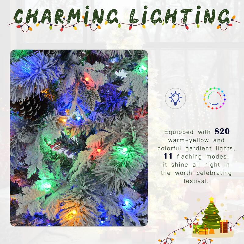 Pre-Lit Snow Flocked Spruce Tree - Mixed PE & PVC Branches, Multi-Color LED Lights, Pine Cones - White+Green