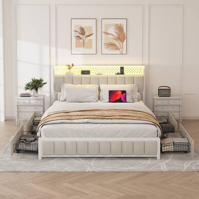 Full/Queen Size Platform Bed with 4 Drawers, Metal Bed Frame