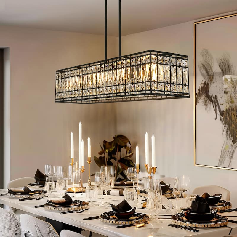 Modern 4-Light Crystal Chandelier Black Rectangle Kitchen Island Lights - L35.4" x W8.9" x H71.2" Max