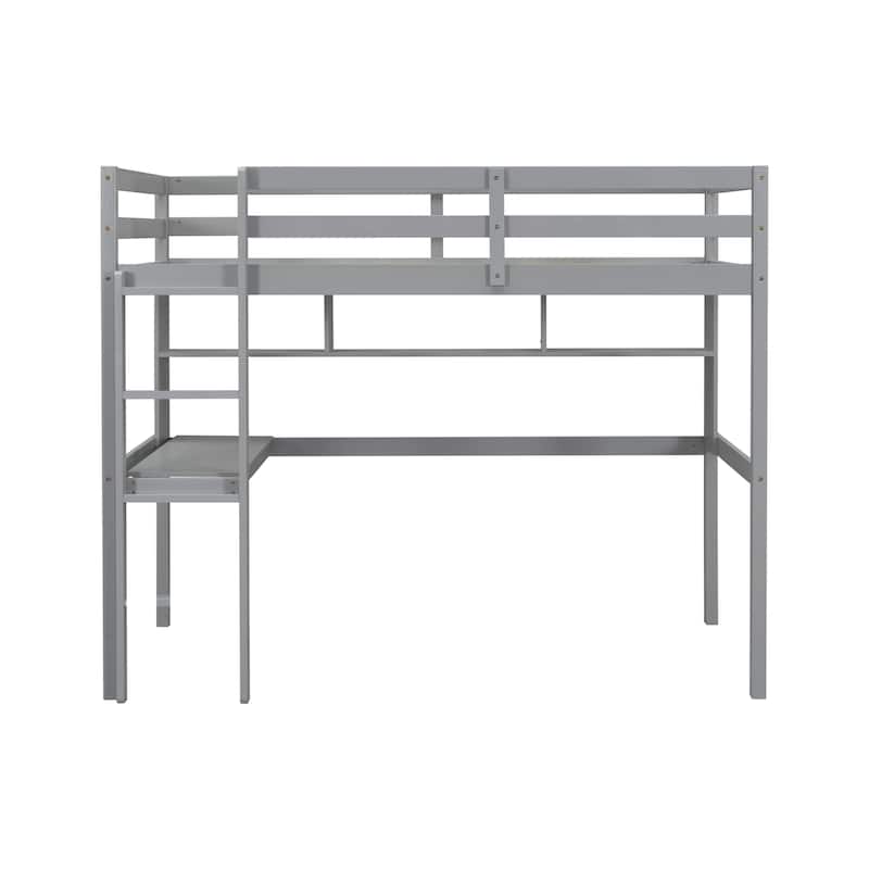 Grey Twin Size Wood Loft Bed with desk and shelves, Safety Guardrail and ladder