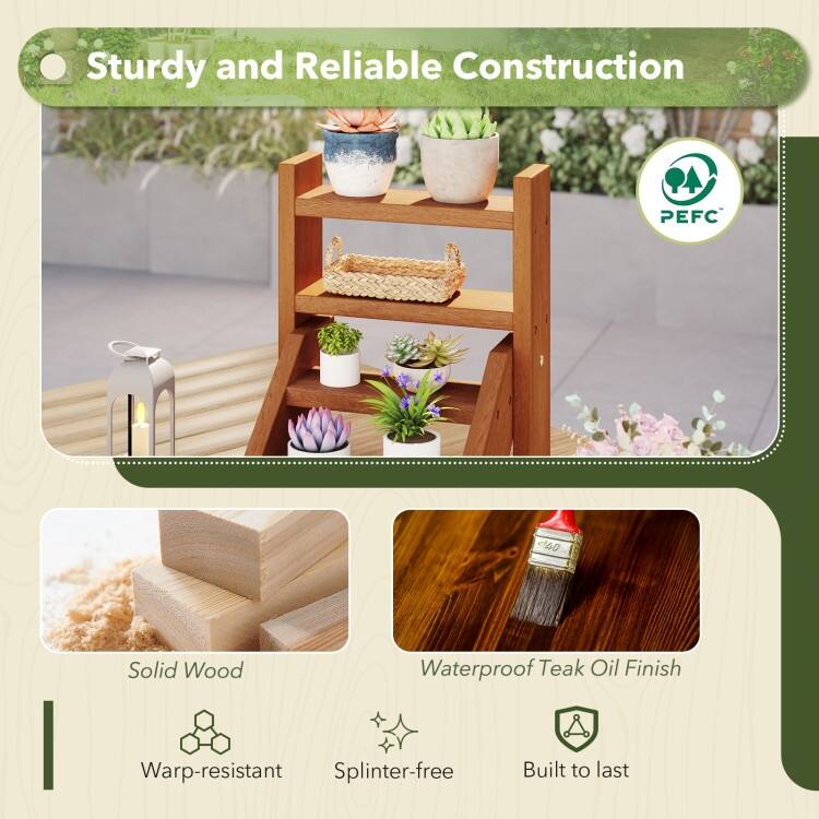 Natural Solid Wood 4-Tier Ladder Flower Stand for Indoor Outdoor - 12" x 12" x 14"