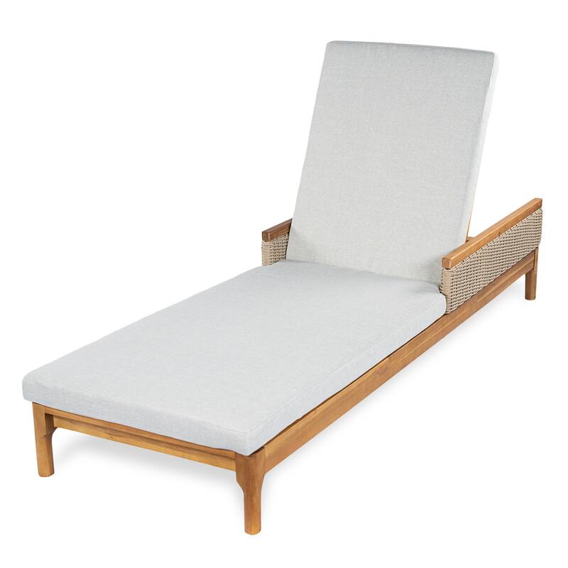 Christopher Knight Home - Solid Acacia Wood Outdoor Chaise Lounge with 4-Position Adjustable Backrest & Woven Rattan Accents