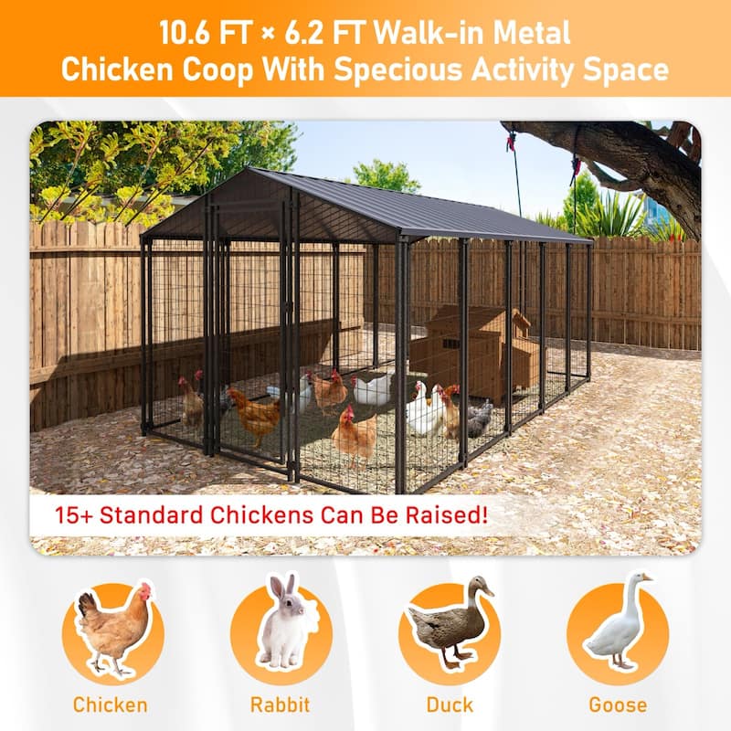 VEIKOUS Large Metal Chicken Coop, Heavy-Duty Walk-In Poultry Pen with Rust-Resistant Galvanized Steel - 10.6 ft × 6.2 ft