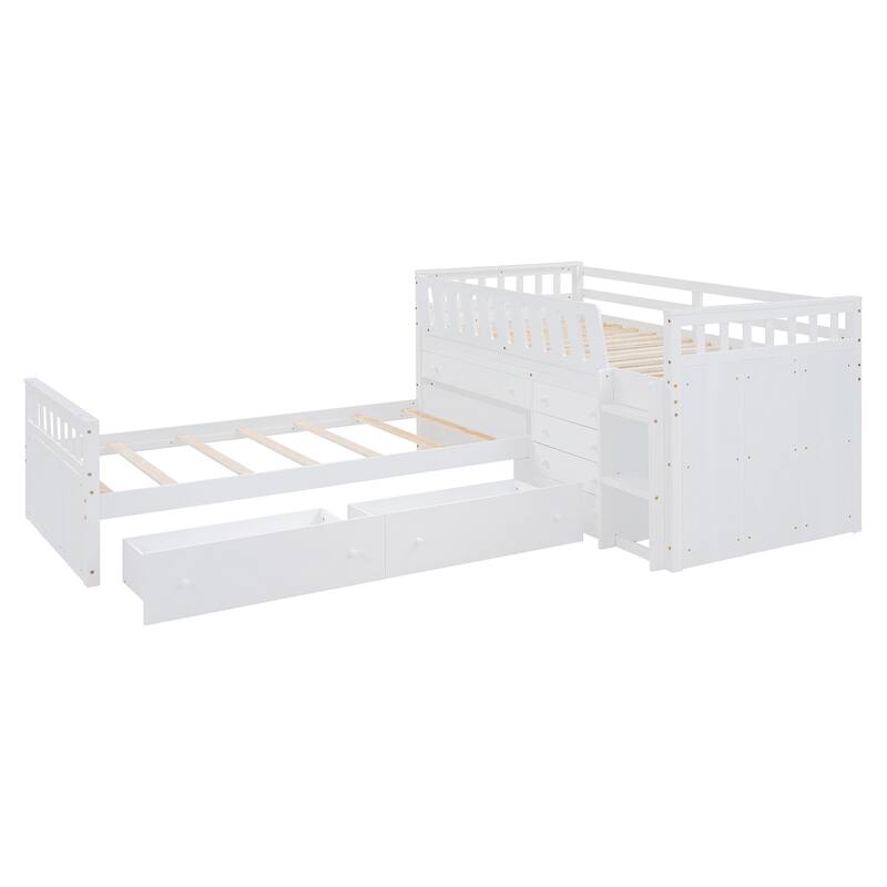 L-shaped Space-Saving Loft and Platform Bed with 7 Drawers and Guardrails