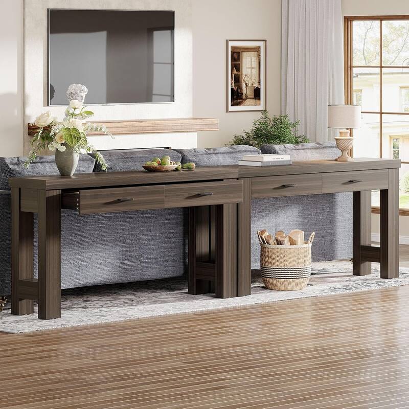 63 Inches Console Table with 2 Drawers, Wood Entryway Table with H-Shaped Legs