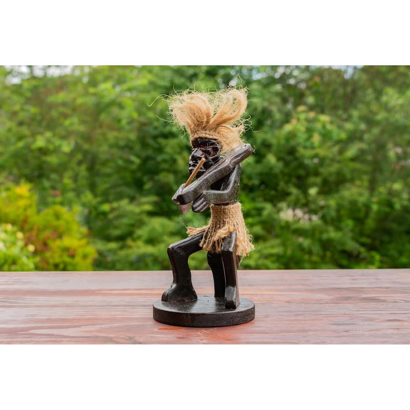 Handmade Wooden Primitive Tribal Playing Violin Funny Statue Sculpture Tiki Bar Handcrafted Unique Gift Home Decor Figurine