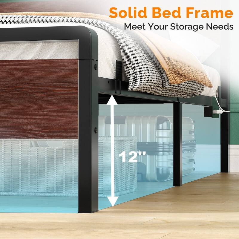 Bed Frame with LED Light and Charging Station, Metal Platform Bed with Wood Headboard