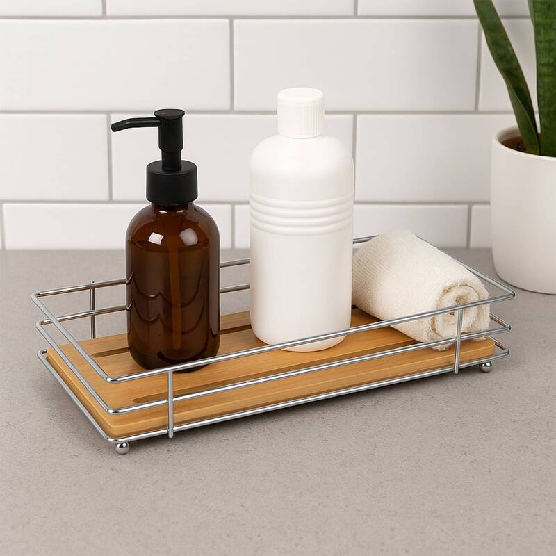 Bathroom Organizer Bamboo Tray Metal Wire - 10.4" L x 4.6" W x 2.4" H - Chrome Bamboo