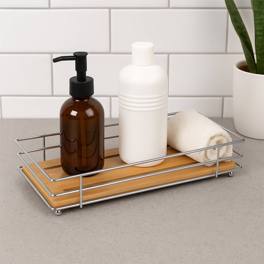 Bathroom Organizer Bamboo Tray Metal Wire
