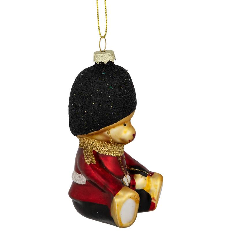 Glittered Teddy Bear Soldier Glass Christmas Hanging Ornament - 4" - Red and Black