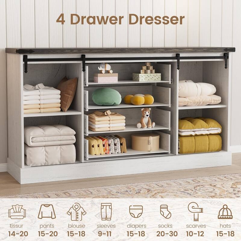 Farmhouse 4 Drawer Dresser for Bedroom, 59" Wood Dressers with Sliding Barn Doors